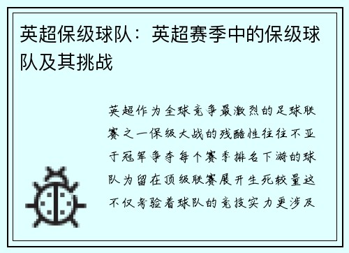 英超保级球队：英超赛季中的保级球队及其挑战